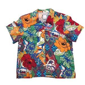 Vintage Renaissance Boho Womens Floral Linen Blend Button Up Top Multi Color L